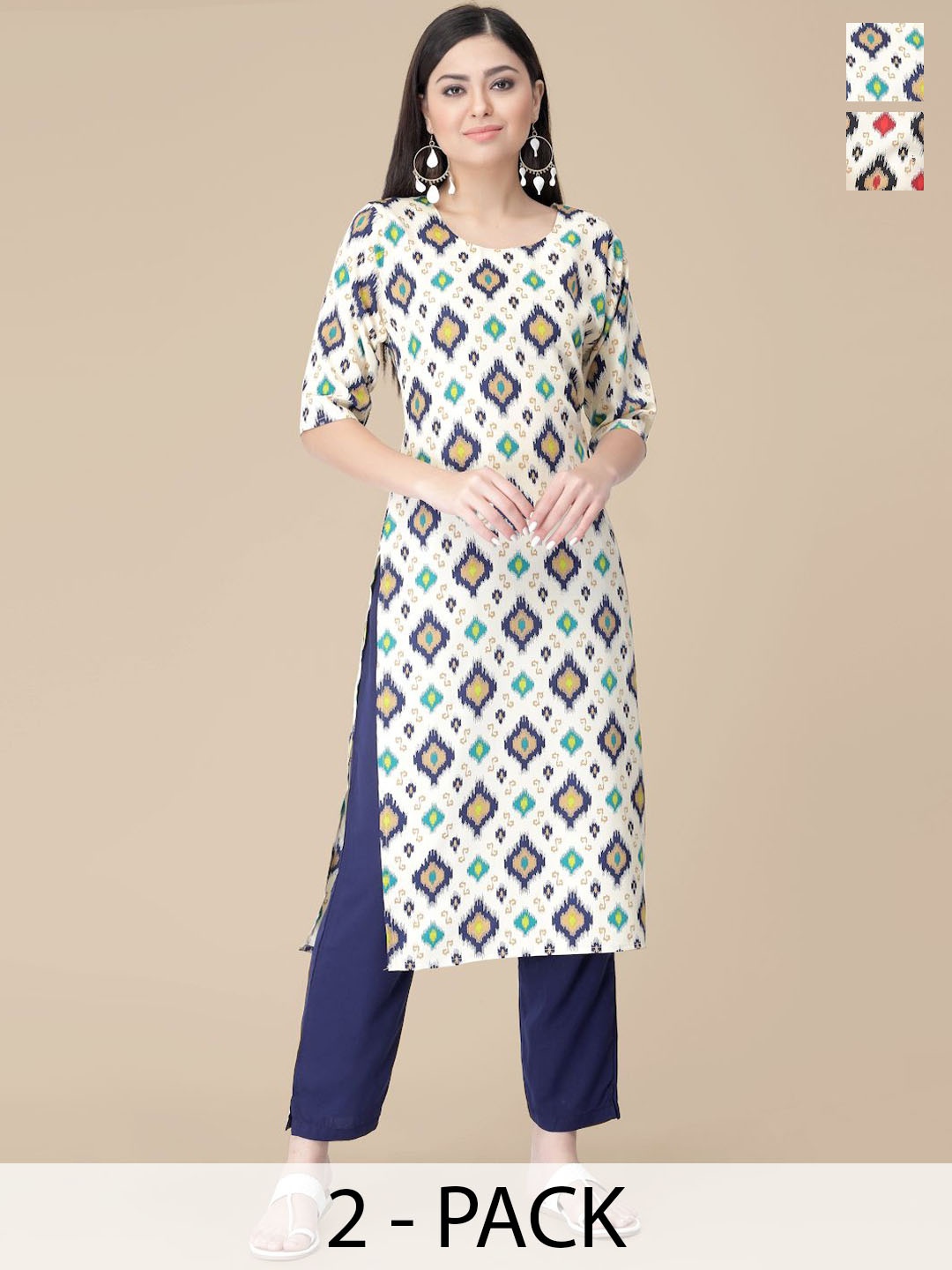 

7Threads Selection Of 2 Ethnic Motifs Printed Round Neck Straight Kurta With Trousers, Beige