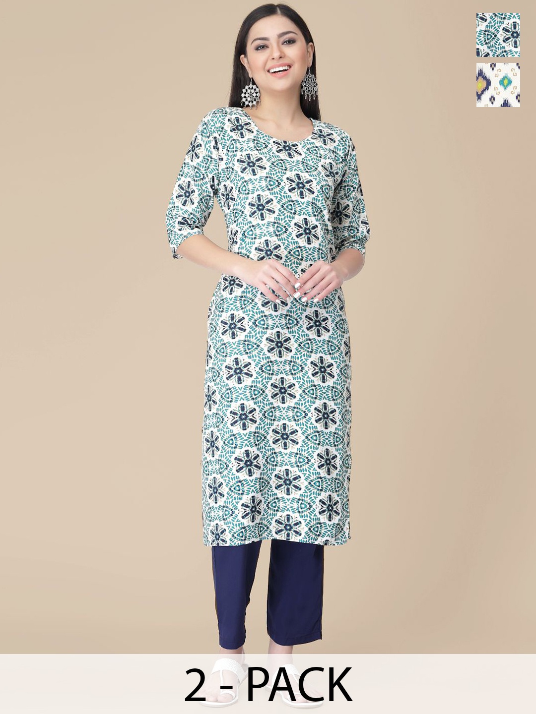

7Threads Selection Of 2 Ethnic Motifs Printed Round Neck Straight Kurta With Trousers, Beige