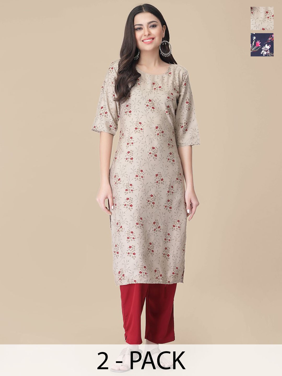 

7Threads Selection Of 2 Floral Printed Round Neck Straight Kurta With Trousers, Brown