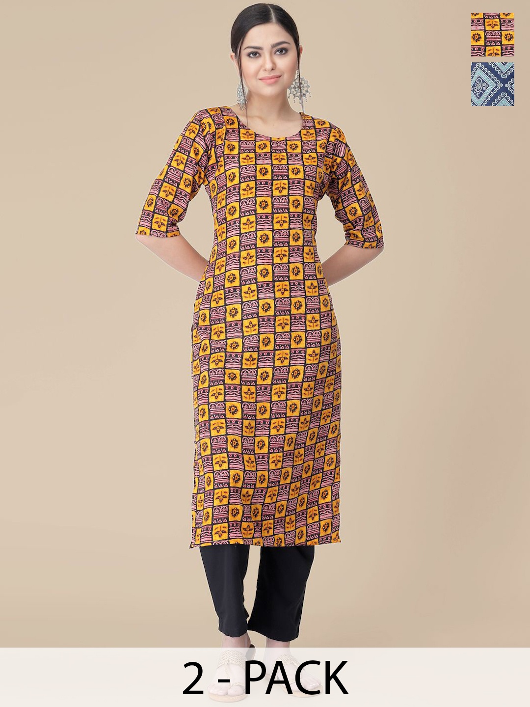 

7Threads Selection Of 2 Ethnic Motifs Printed Round Neck Straight Kurta With Trousers, Yellow