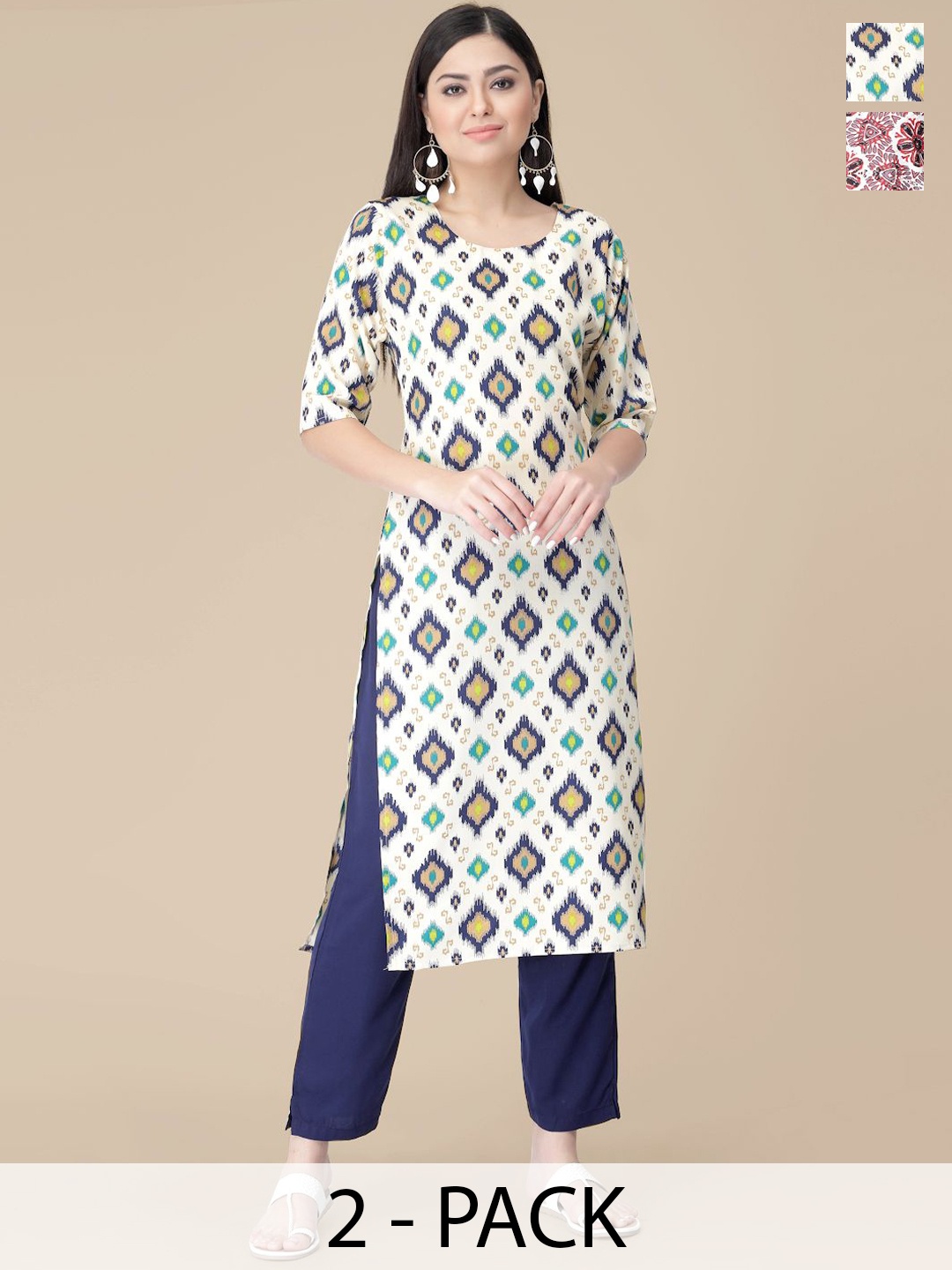 

7Threads Selection Of 2 Ethnic Motifs Printed Round Neck Straight Kurta With Trousers, Beige