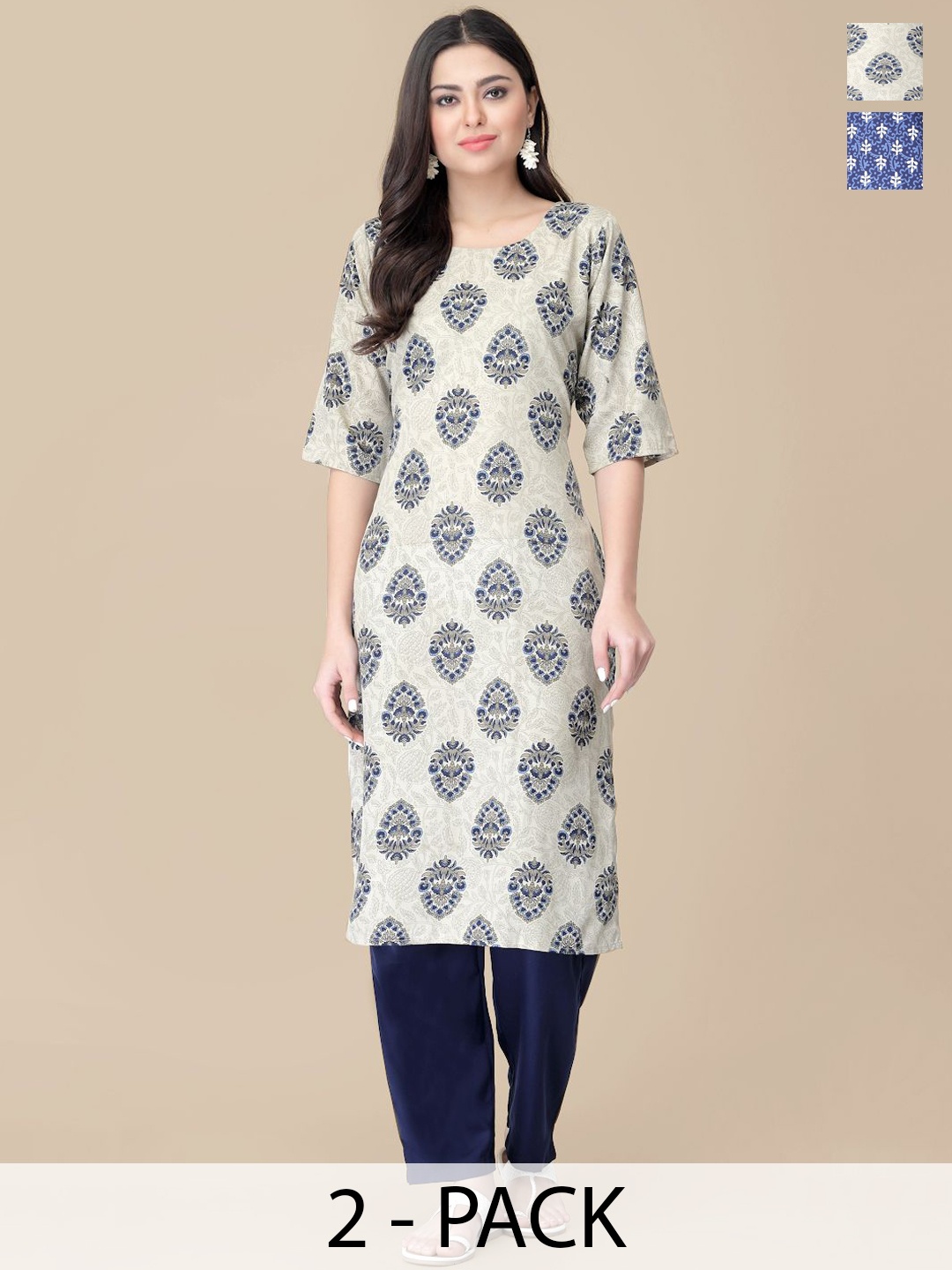 

7Threads Selection Of 2 Ethnic Motifs Printed Round Neck Straight Kurta With Trousers, Beige