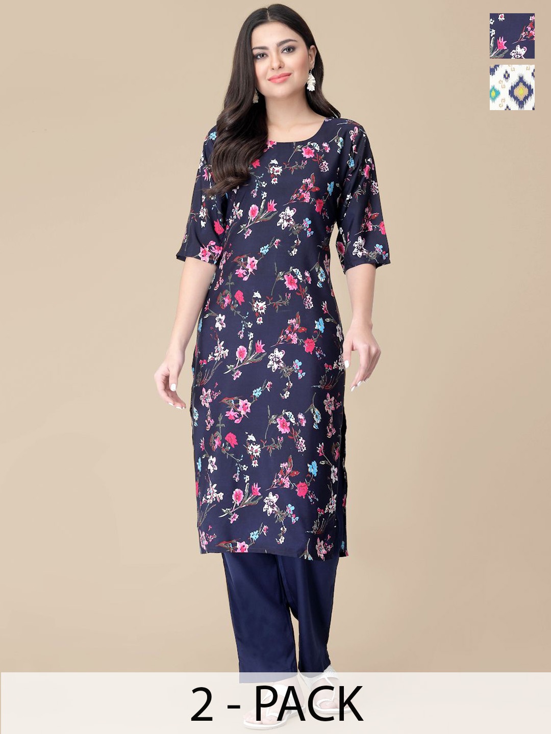 

7Threads Selection Of 2 Floral Printed Round Neck Straight Kurta With Trousers, Blue