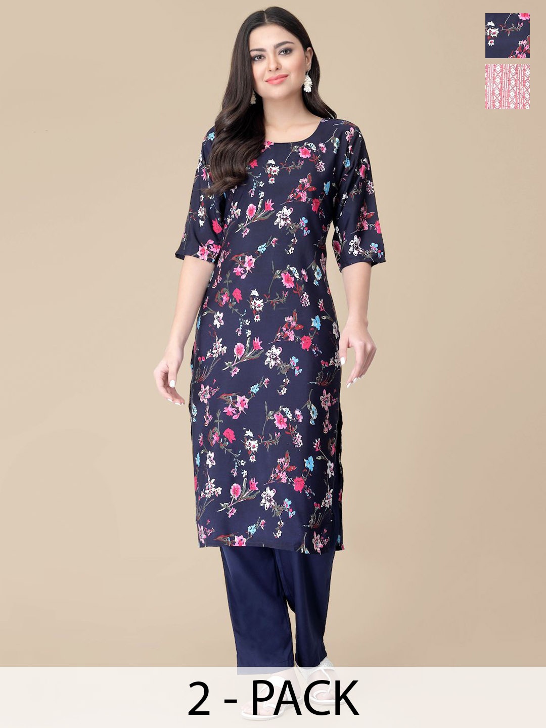 

7Threads Selection Of 2 Floral Printed Round Neck Straight Kurta With Trousers, Navy blue