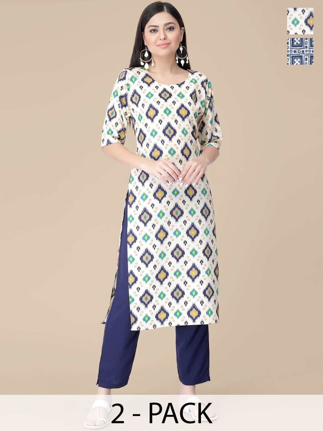 

7Threads Selection Of 2 Ethnic Motifs Printed Round Neck Straight Kurta With Trousers, Beige