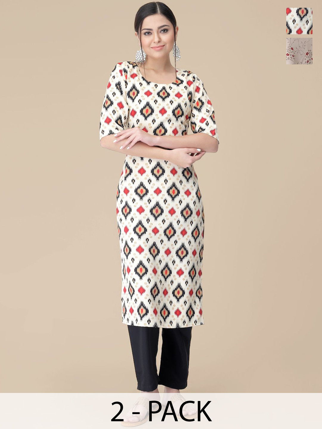 

7Threads Selection Of 2 Ethnic Motifs Printed Round Neck Straight Kurta With Trousers, Beige