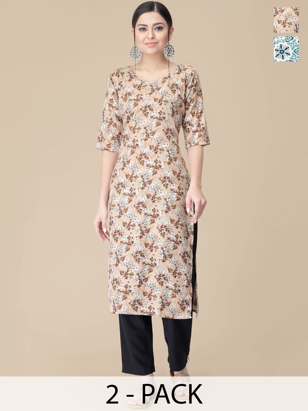 

7Threads Selection Of 2 Floral Printed Round Neck Straight Kurta With Trousers, Brown