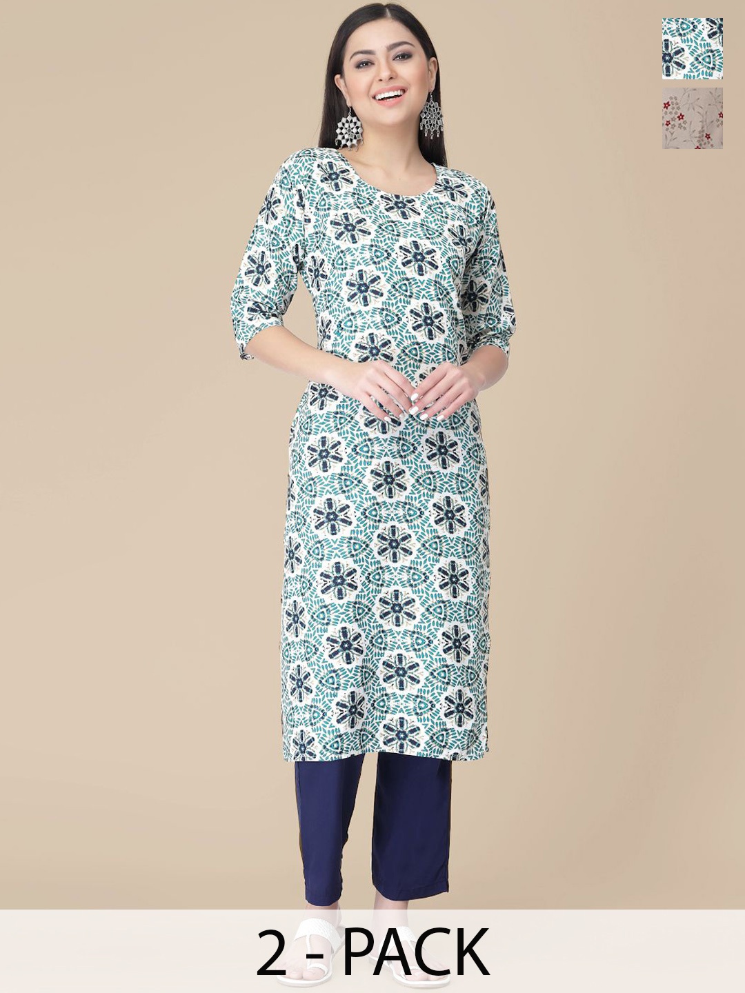 

7Threads Selection Of 2 Ethnic Motifs Printed Round Neck Straight Kurtas With Trousers, Beige