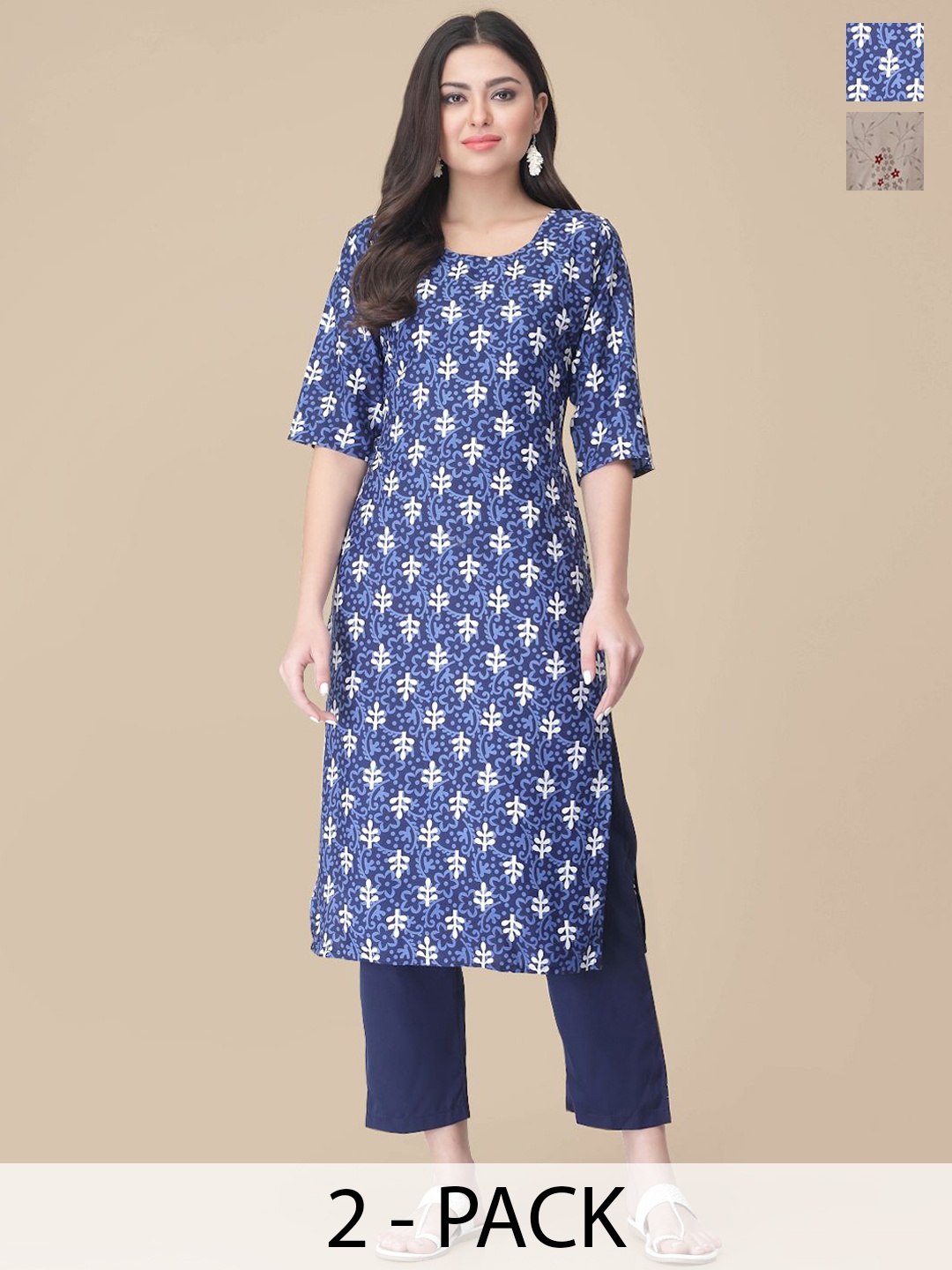 

7Threads Selection Of 2 Ethnic Motifs Printed Round Neck Straight Kurtas With Trousers, Navy blue