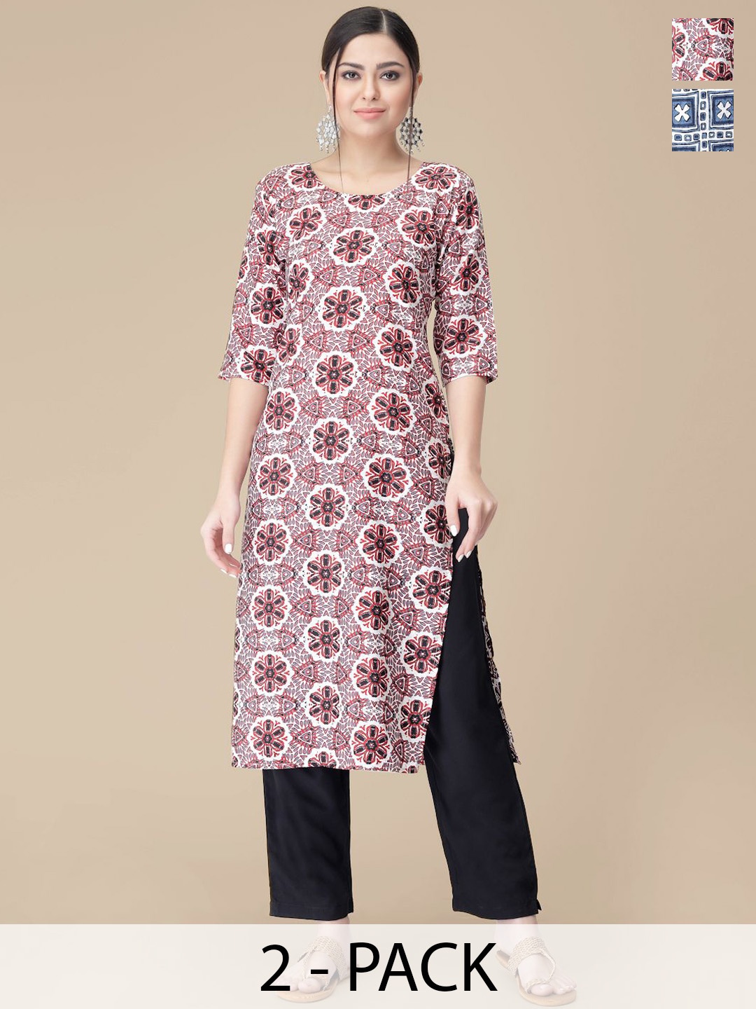 

7Threads Selection Of 2 Ethnic Motifs Printed Round Neck Straight Kurtas With Trousers, White