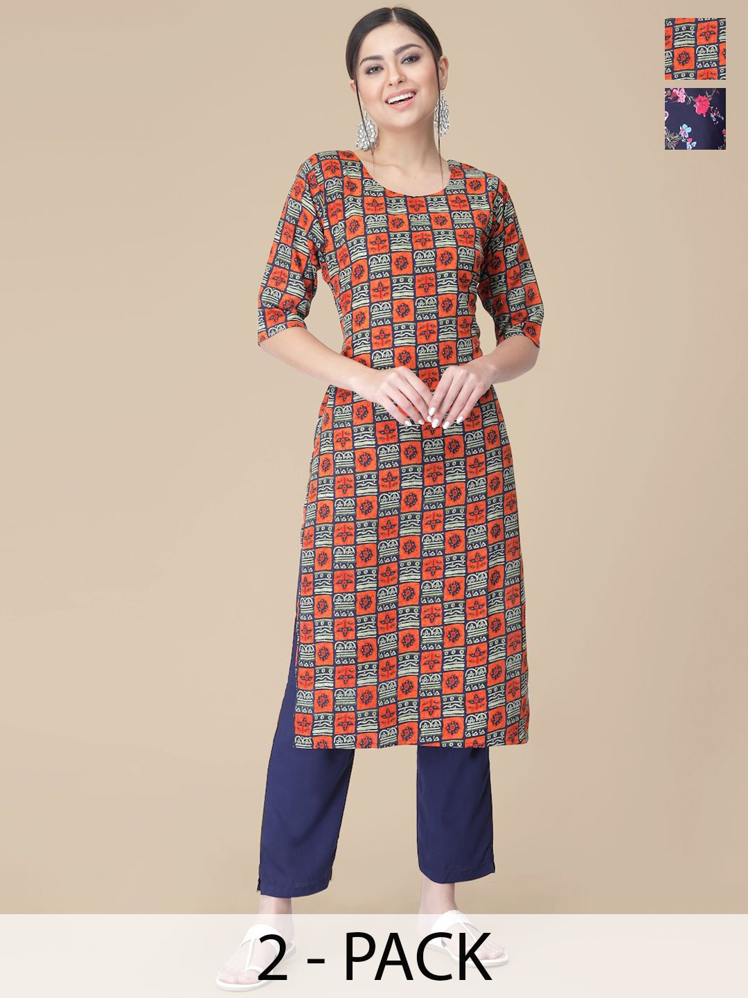 

7Threads Selection Of 2 Ethnic Motifs Printed Round Neck Straight Kurtas With Trousers, Navy blue