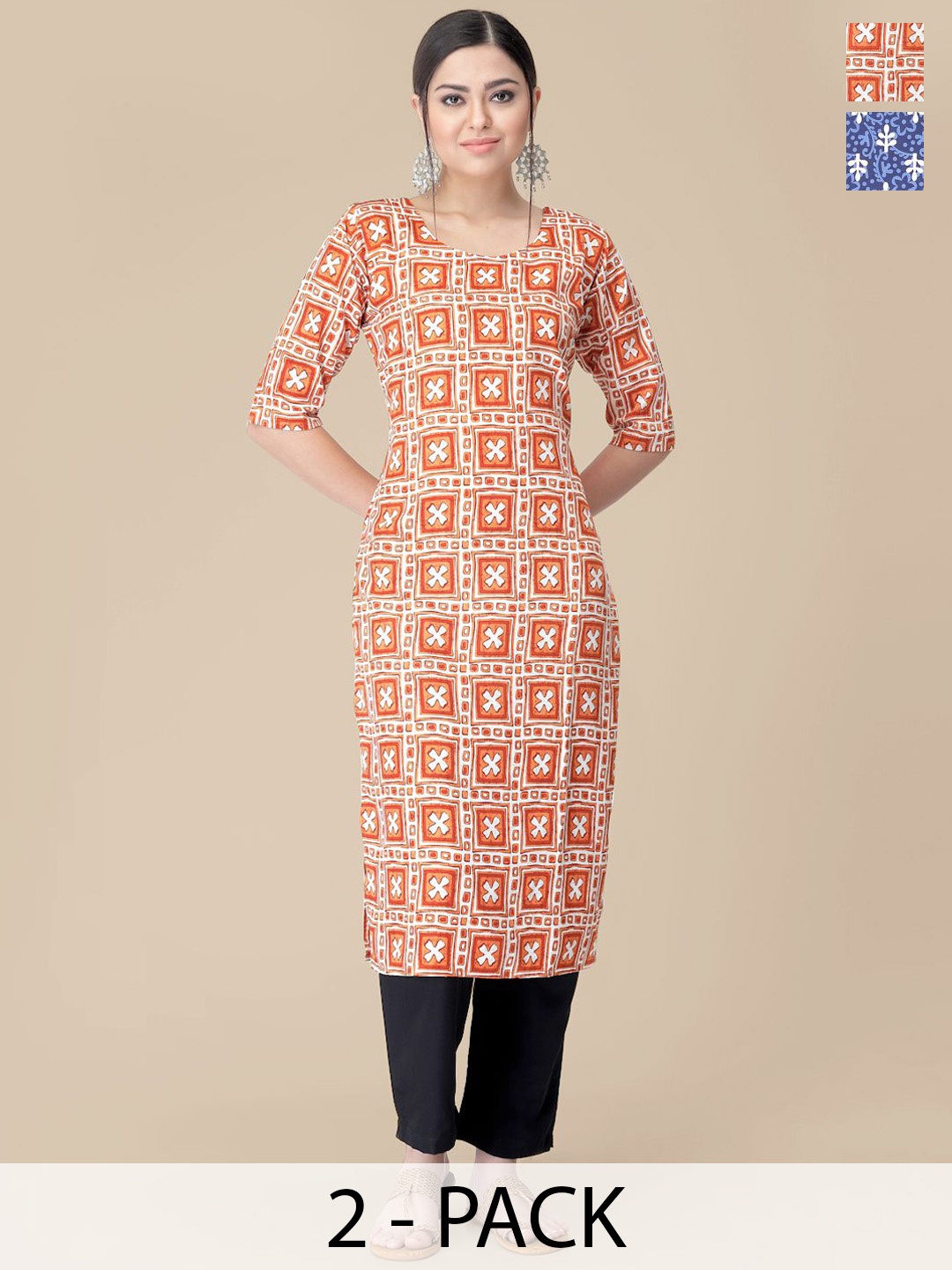 

7Threads Selection Of 2 Ethnic Motifs Printed Round Neck Straight Kurtas With Trousers, Blue