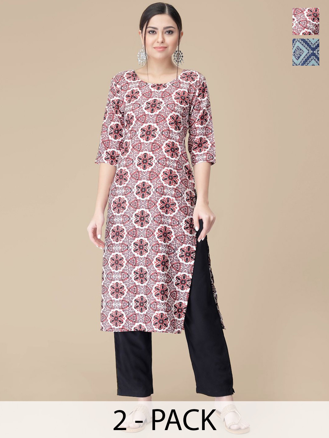 

7Threads Selection Of 2 Ethnic Motifs Printed Round Neck Straight Kurtas With Trousers, White