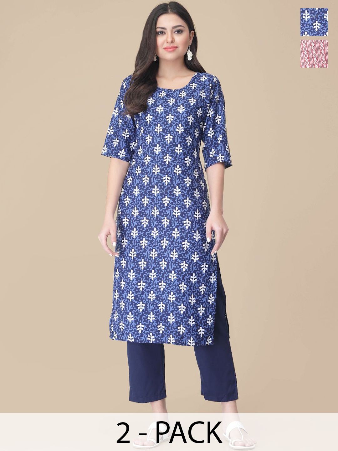 

7Threads Selection Of 2 Floral Printed Round Neck Straight Kurtas With Trousers, Navy blue