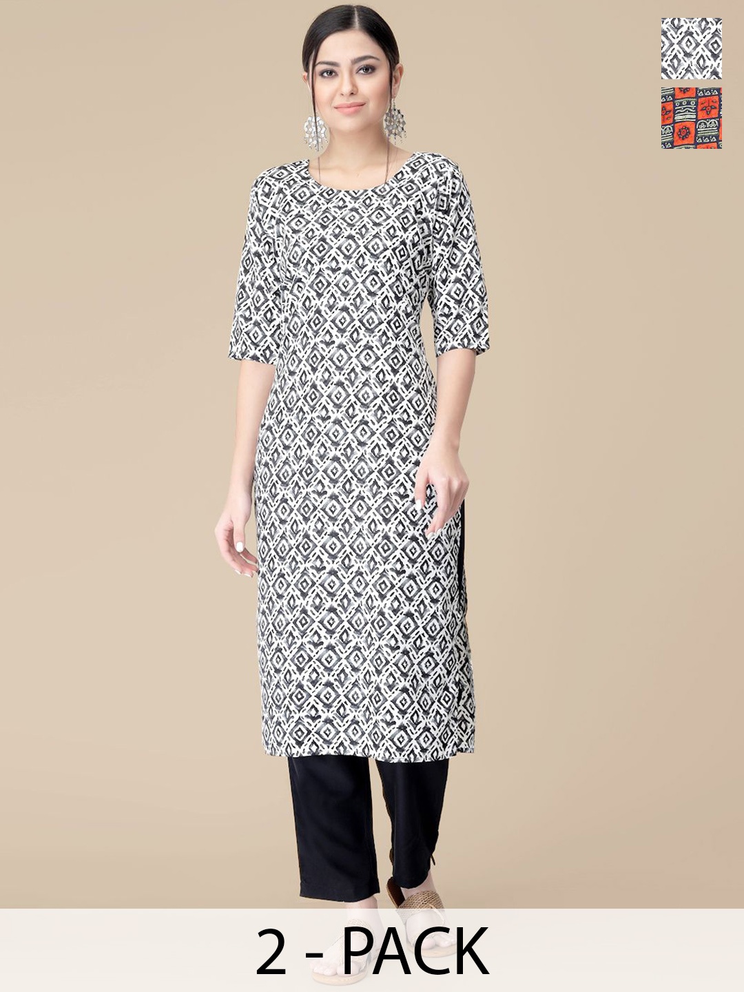 

7Threads Selection Of 2 Ethnic Motifs Printed Round Neck Straight Kurtas With Trousers, White