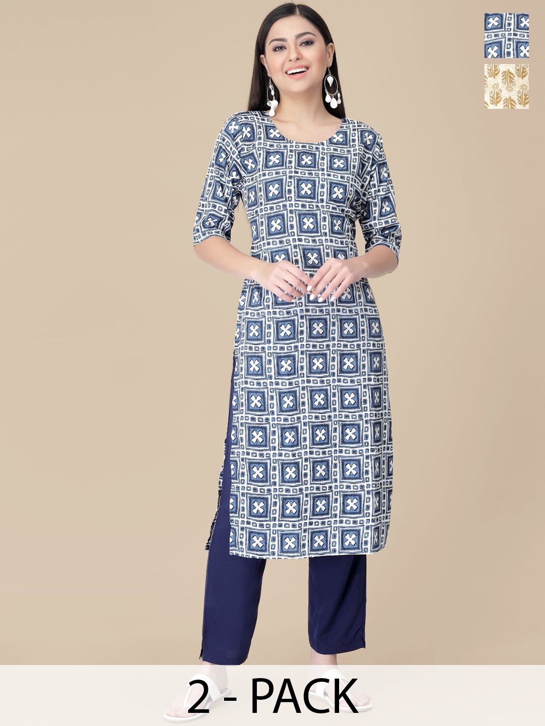 

7Threads Selection Of 2 Ethnic Motifs Printed Round Neck Straight Kurtas With Trousers, White