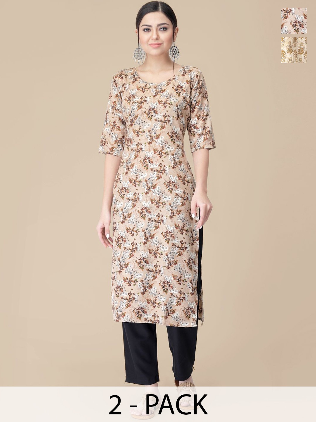 

7Threads Selection Of 2 Floral Printed Round Neck Straight Kurtas With Trousers, Beige