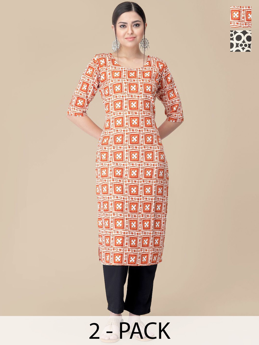 

7Threads Selection Of 2 Ethnic Motifs Printed Round Neck Straight Kurtas With Trousers, Orange