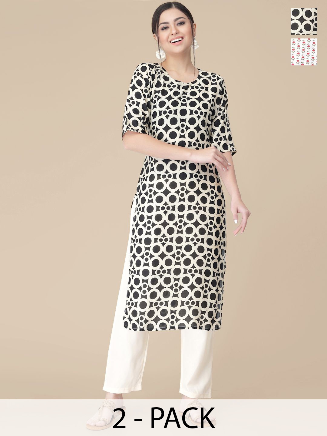 

7Threads Selection Of 2 Geometric Printed Round Neck Straight Kurtas With Trousers, Black