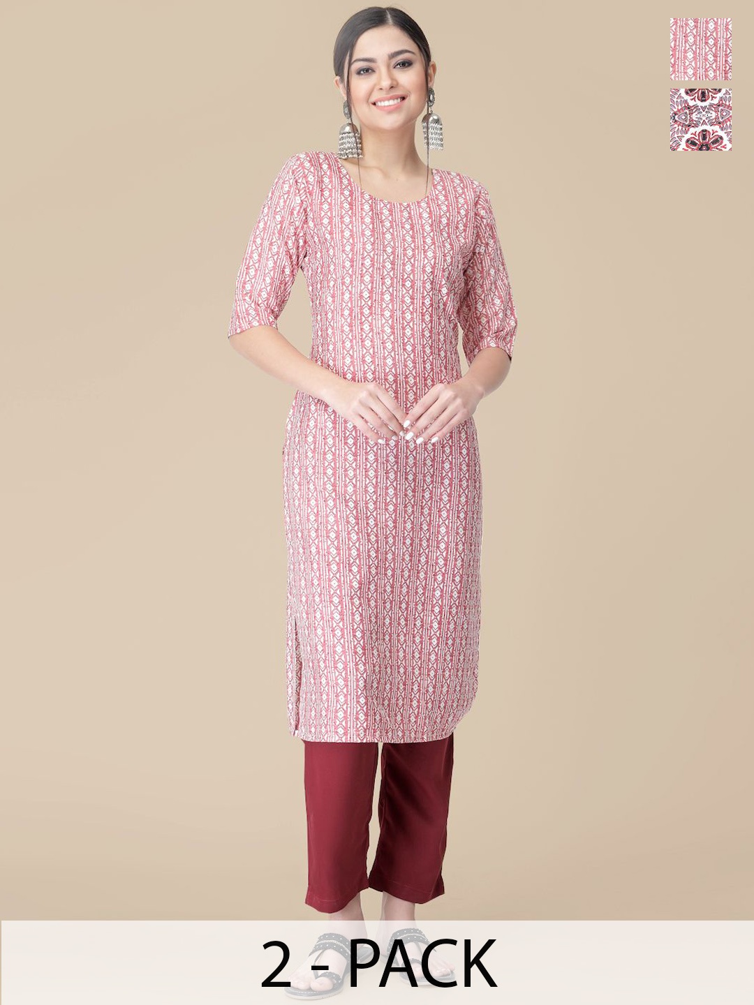 

7Threads Selection Of 2 Geometric Printed Round Neck Straight Kurtas With Trousers, White