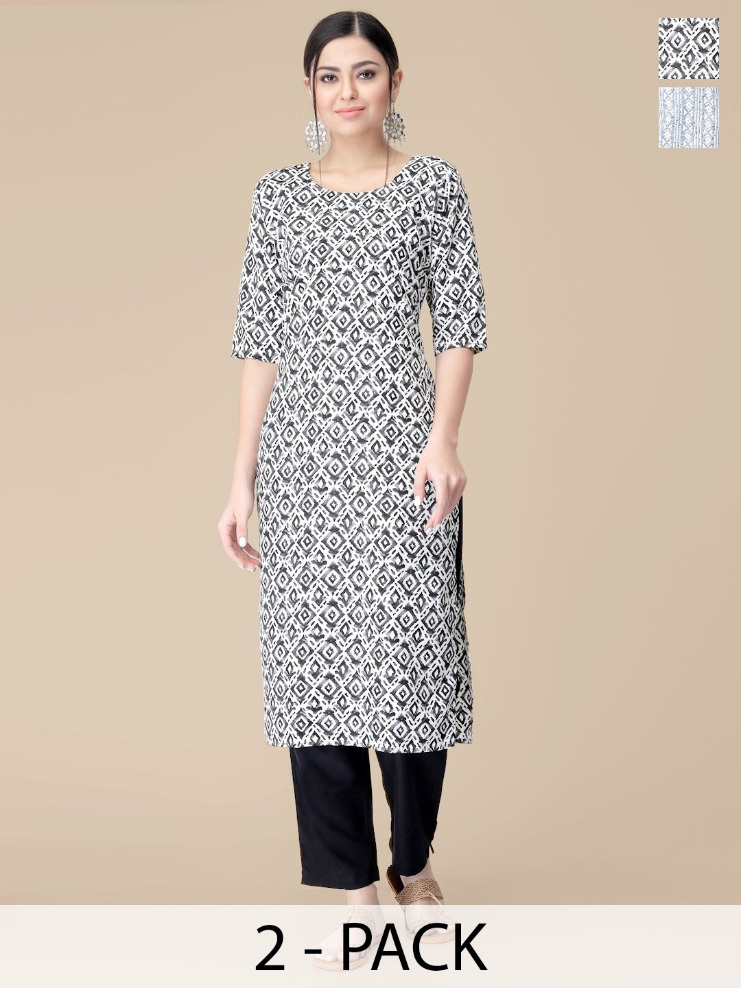 

7Threads Selection Of 2 Ethnic Motifs Printed Round Neck Straight Kurtas With Trousers, White