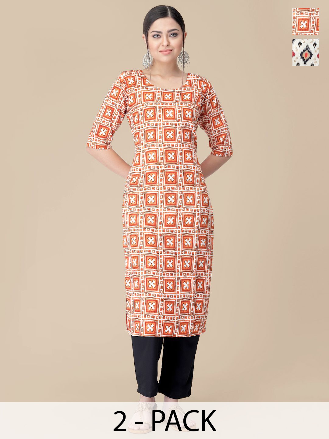 

7Threads Selection Of 2 Ethnic Motifs Printed Round Neck Straight Kurtas With Trousers, Cream