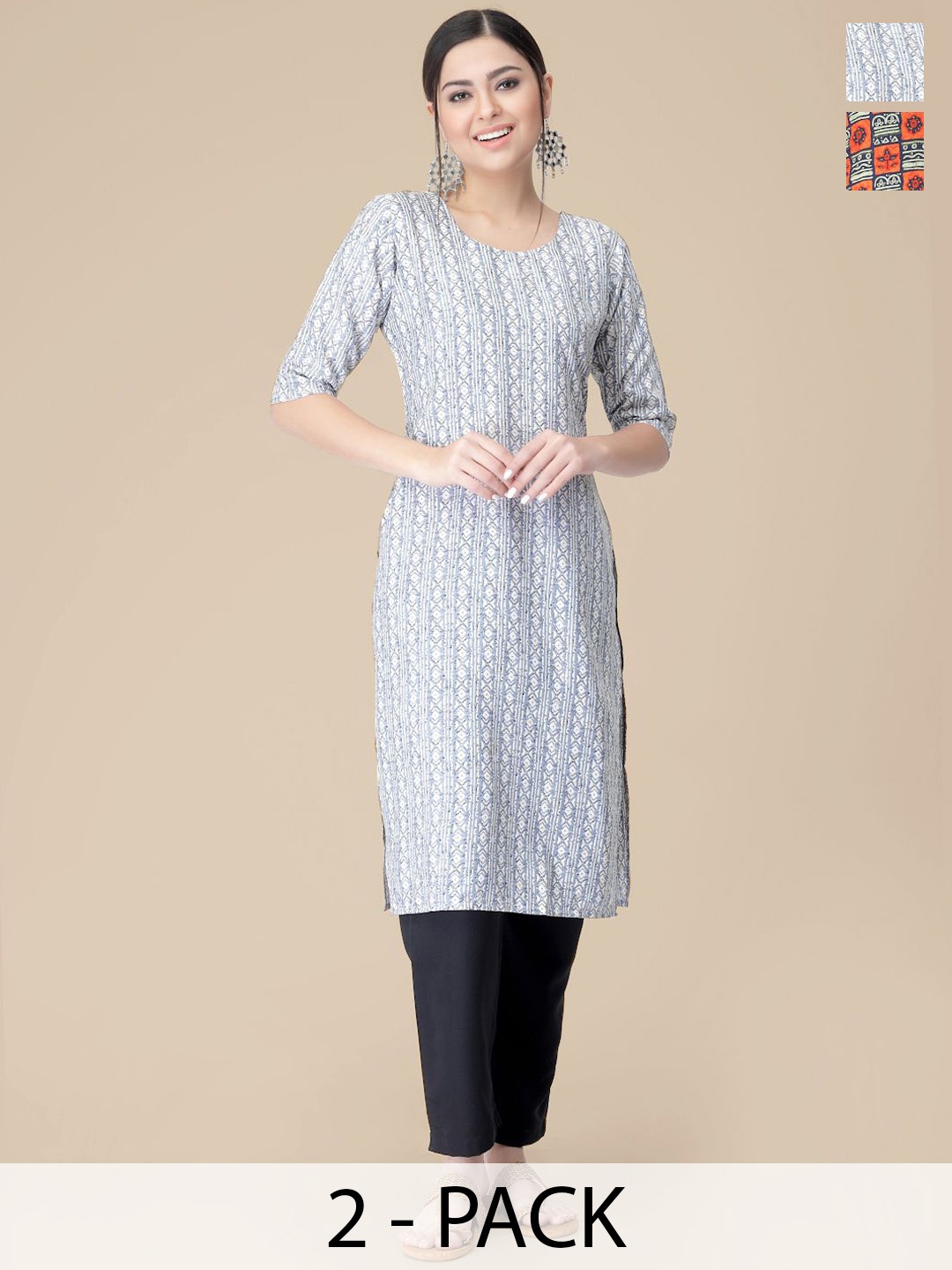 

7Threads Selection Of 2 Geometric Printed Round Neck Straight Kurtas With Trousers, White