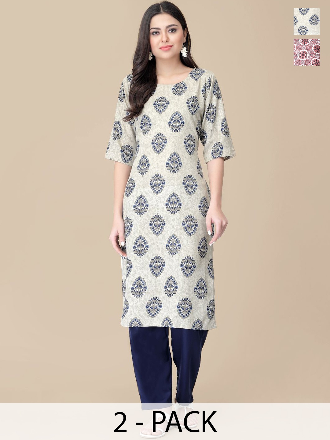 

7Threads Selection Of 2 Ethnic Motifs Printed Round Neck Straight Kurtas With Trousers, Cream