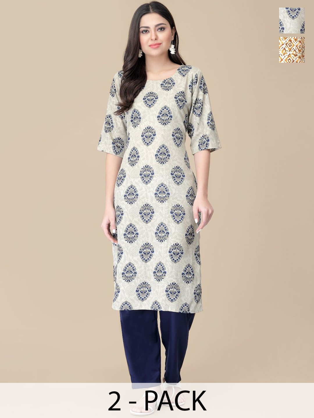 

7Threads Selection Of 2 Ethnic Motifs Printed Round Neck Straight Kurtas With Trousers, Cream
