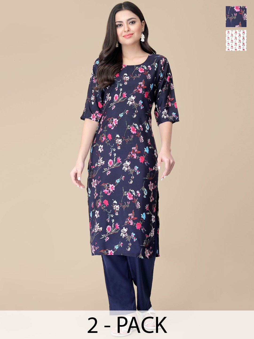 

7Threads Selection Of 2 Floral Printed Round Neck Straight Kurtas With Trousers, Navy blue