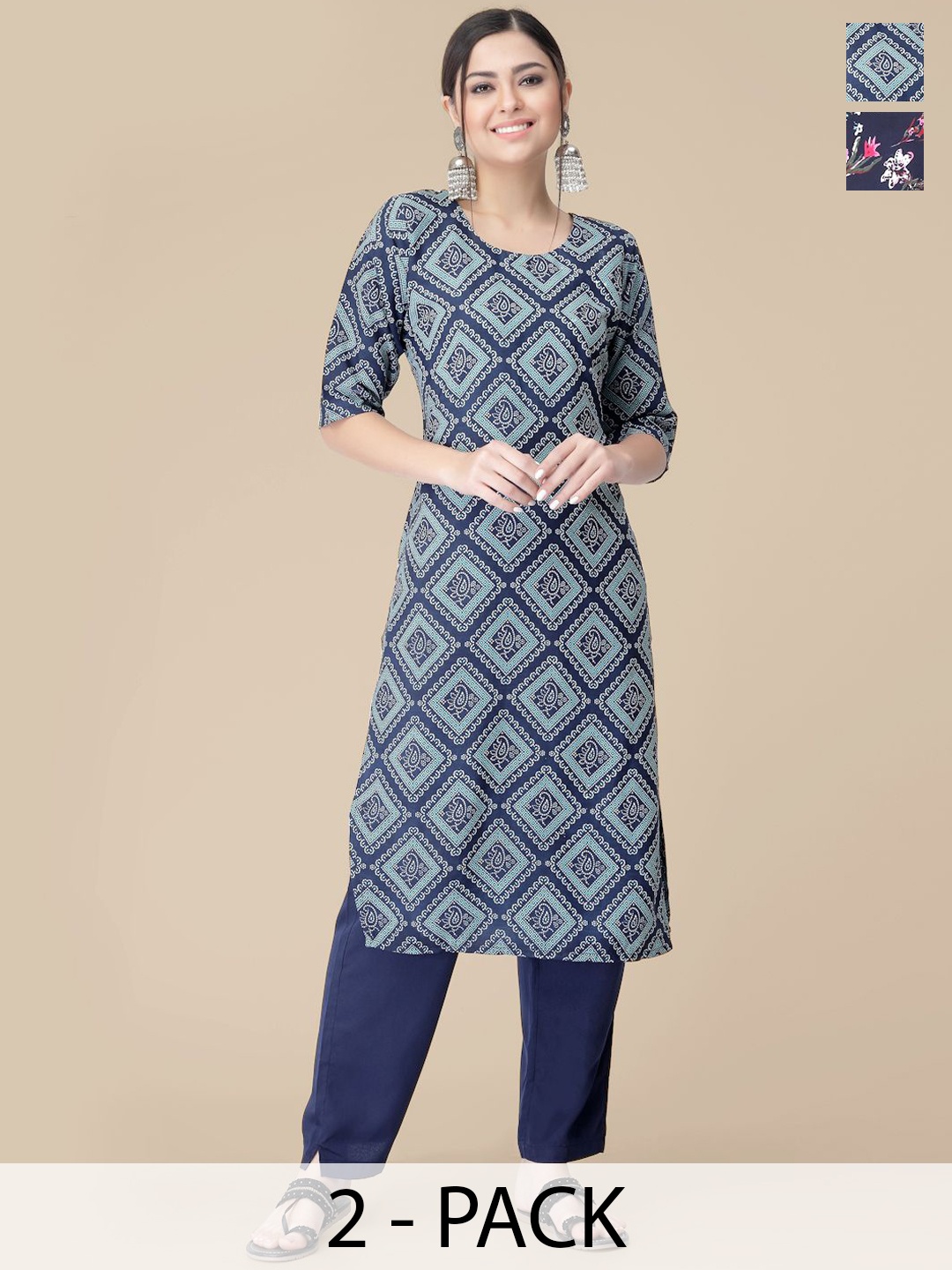 

7Threads Selection Of 2 Ethnic Motifs Printed Round Neck Straight Kurtas With Trousers, Navy blue