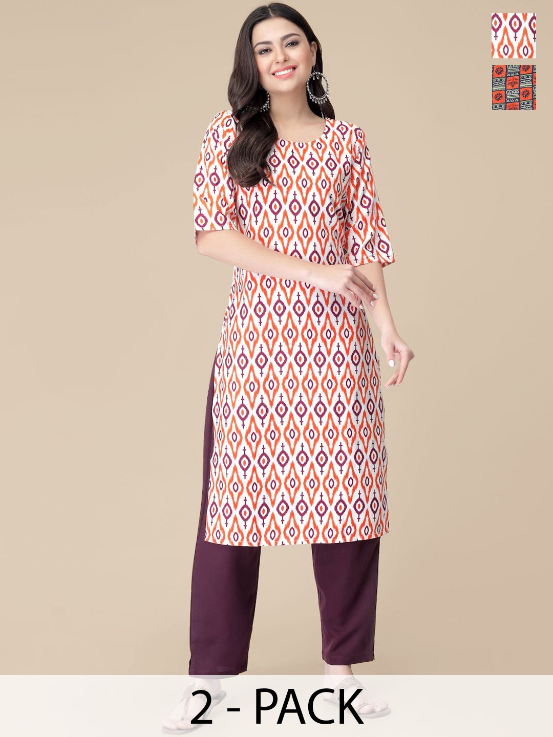 

7Threads Selection Of 2 Ethnic Motifs Printed Round Neck Straight Kurtas With Trousers, White