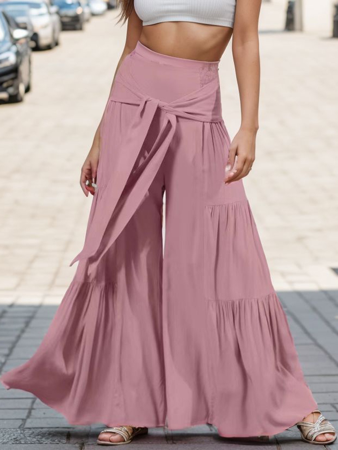 

StyleCast Women Loose Fit Pleated Front Knot Wide Leg Trousers, Mauve