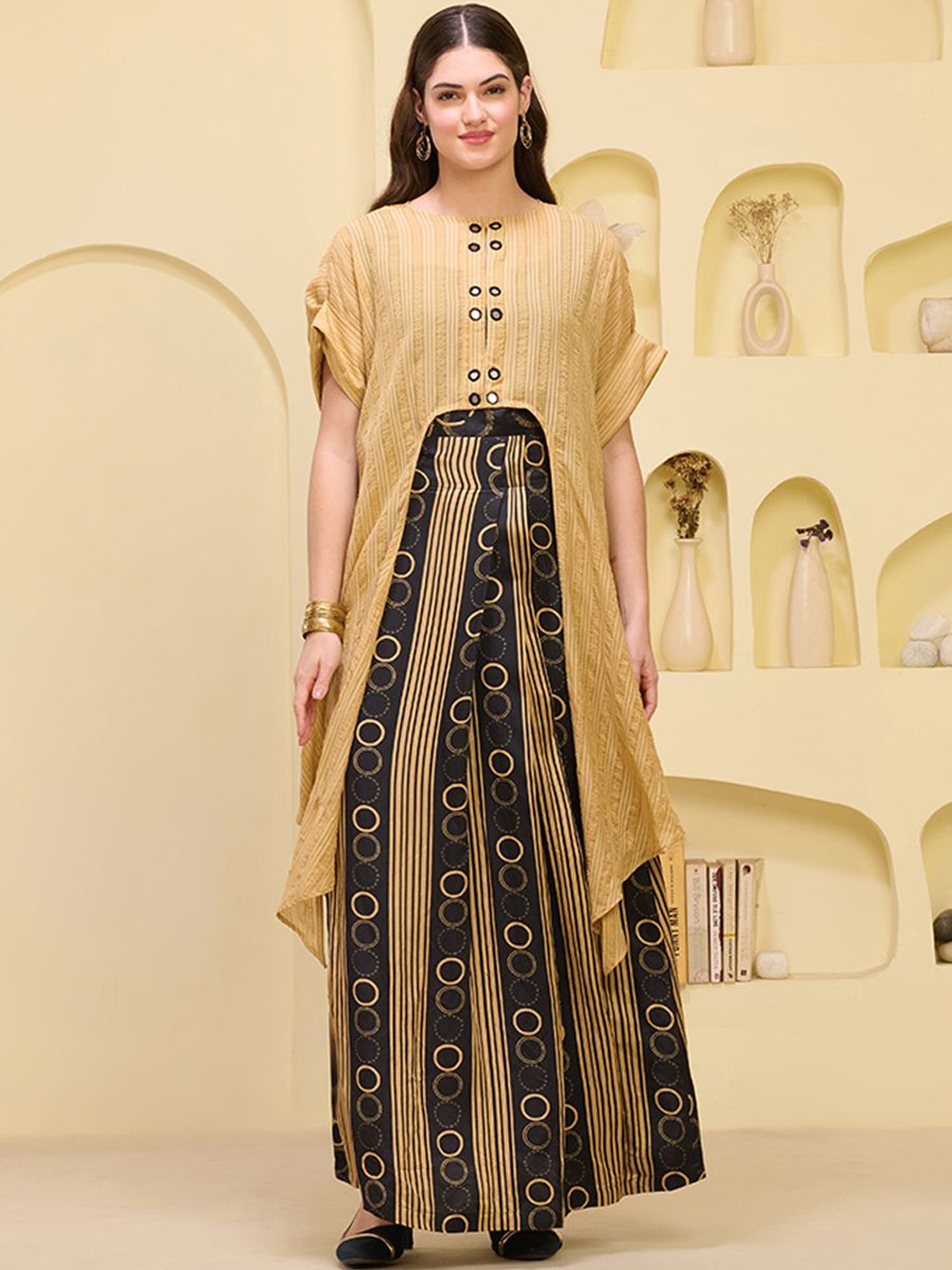 

First Resort by Ramola Bachchan Embroidered Crop Top With Shrug & Skirt, Black