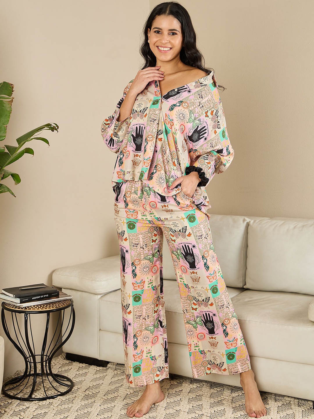 

July Women Printed Shirt Collar Night suit, Beige