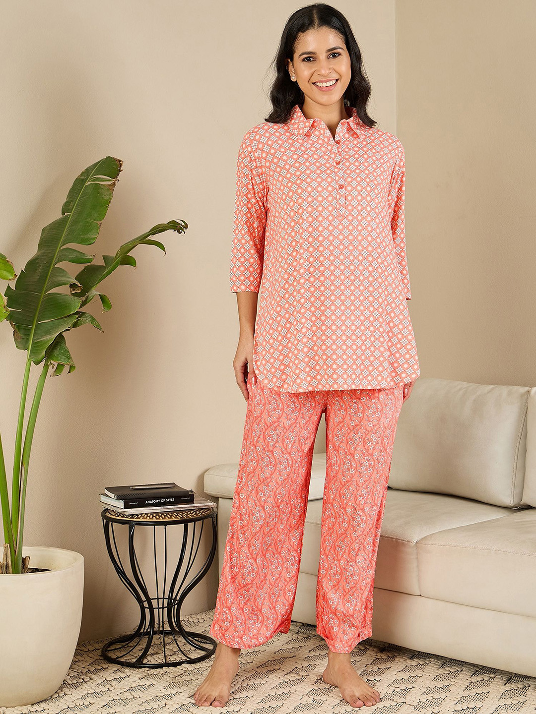 

July Women Printed Shirt Collar Night suit, Peach