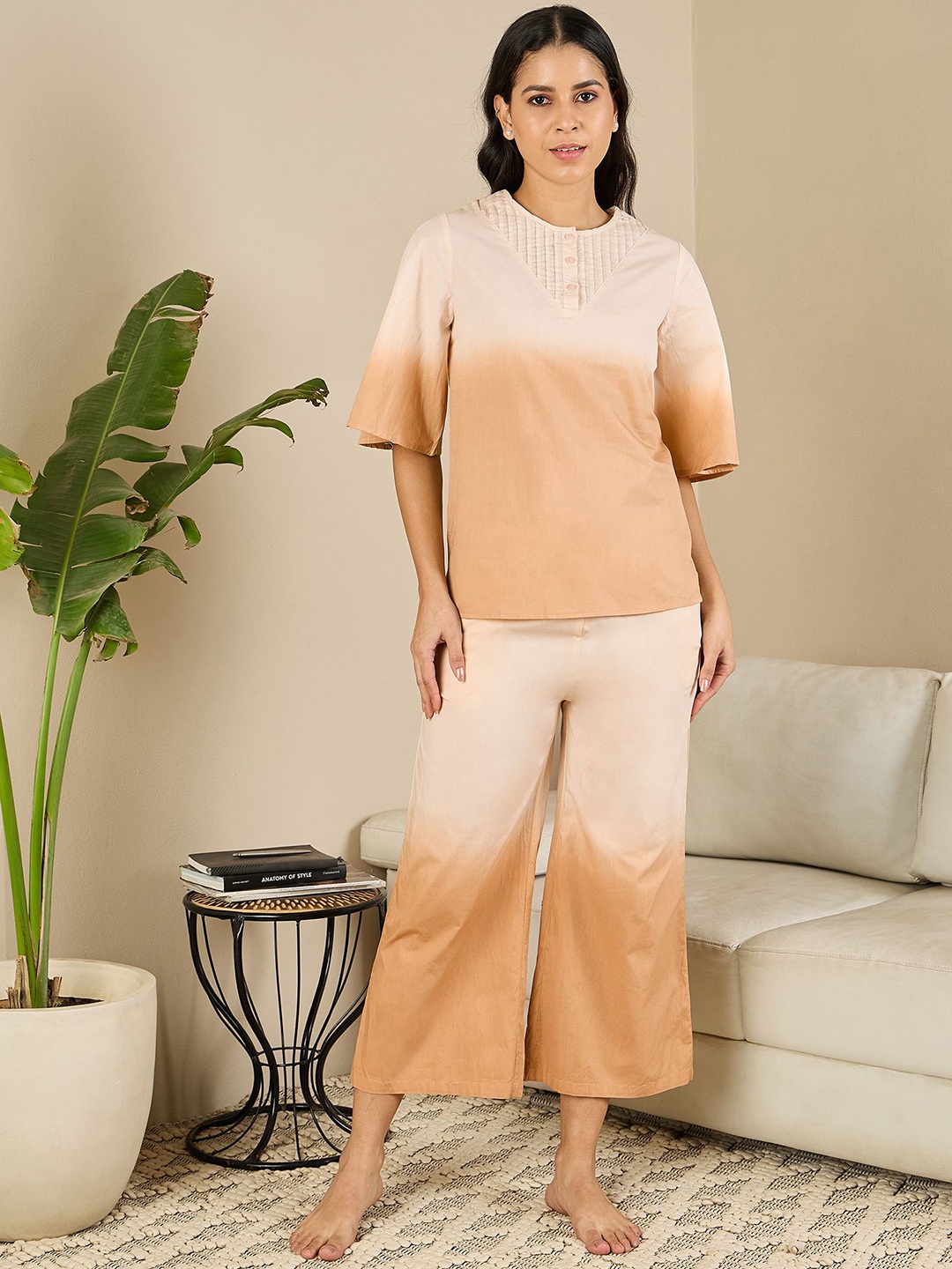 

July Women Tie and Dye Pure Cotton Night suit, Brown