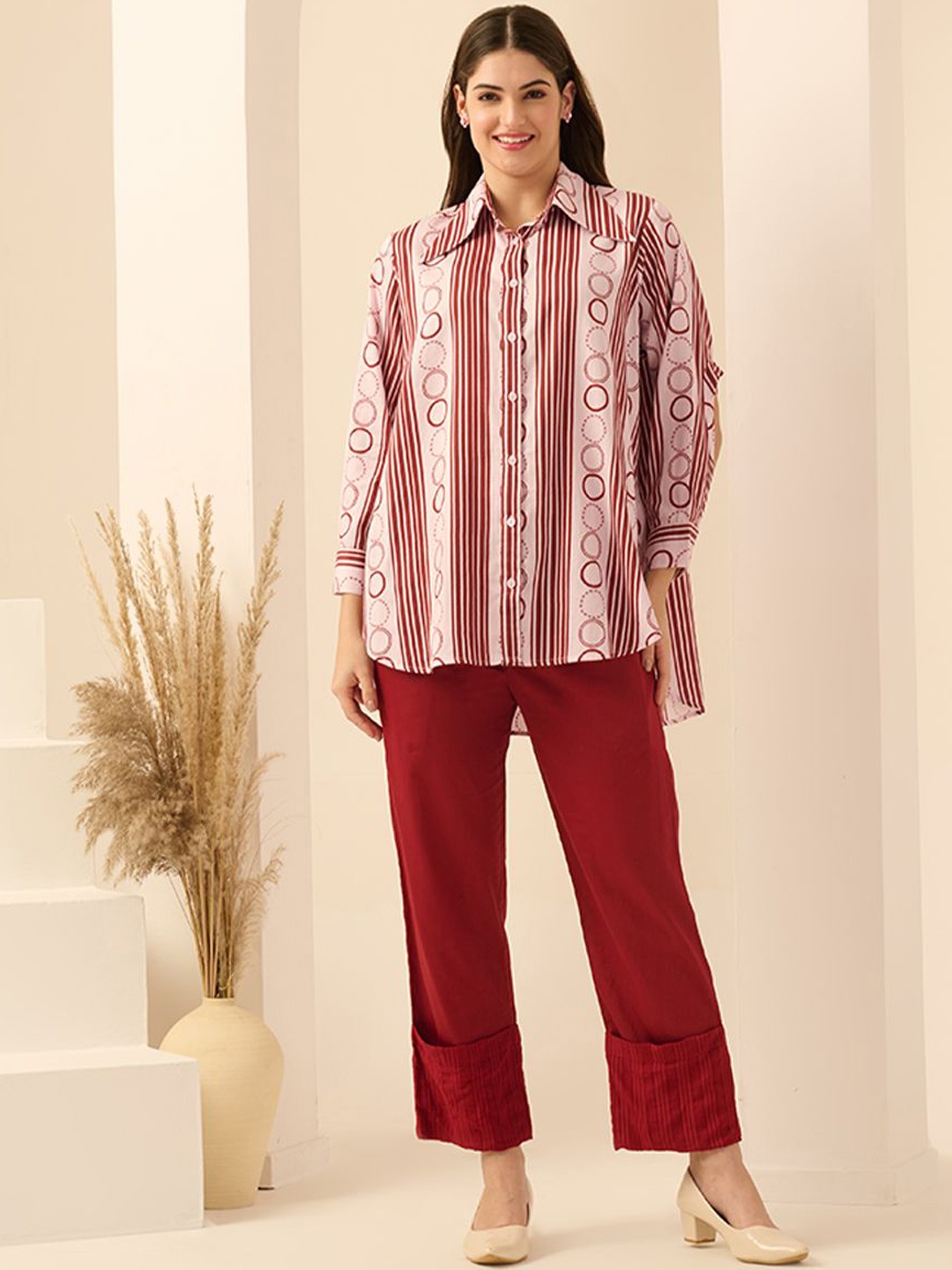 

First Resort by Ramola Bachchan Printed Long Sleeves Shirt With Trouser, Pink