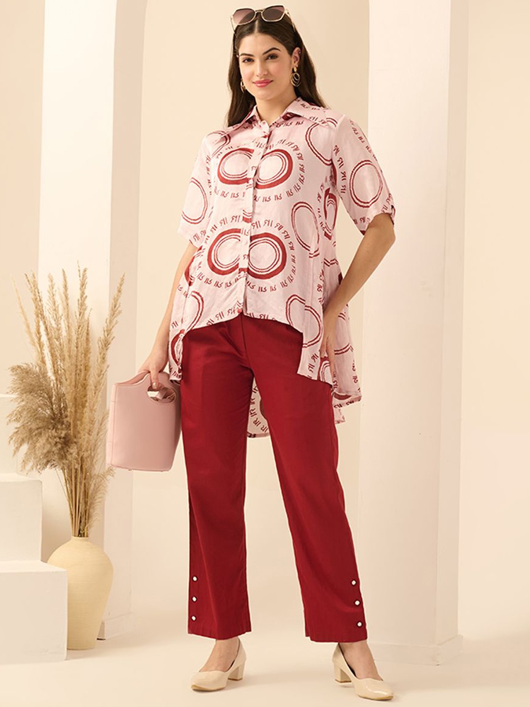 

First Resort by Ramola Bachchan Printed Short Sleeves Shirt With Trouser, Pink