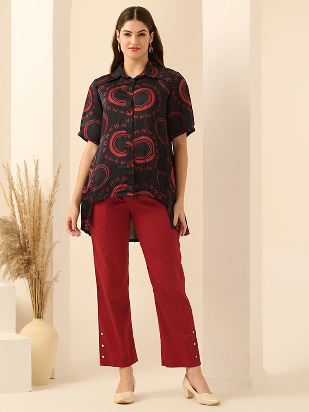 

First Resort by Ramola Bachchan Printed Short Sleeves Shirt With Trouser, Black