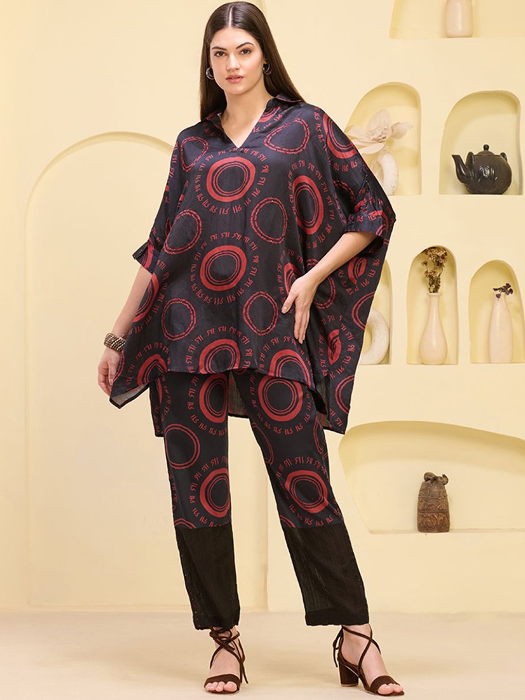 

First Resort by Ramola Bachchan Printed Linen Kaftan Tunic & Trousers, Black