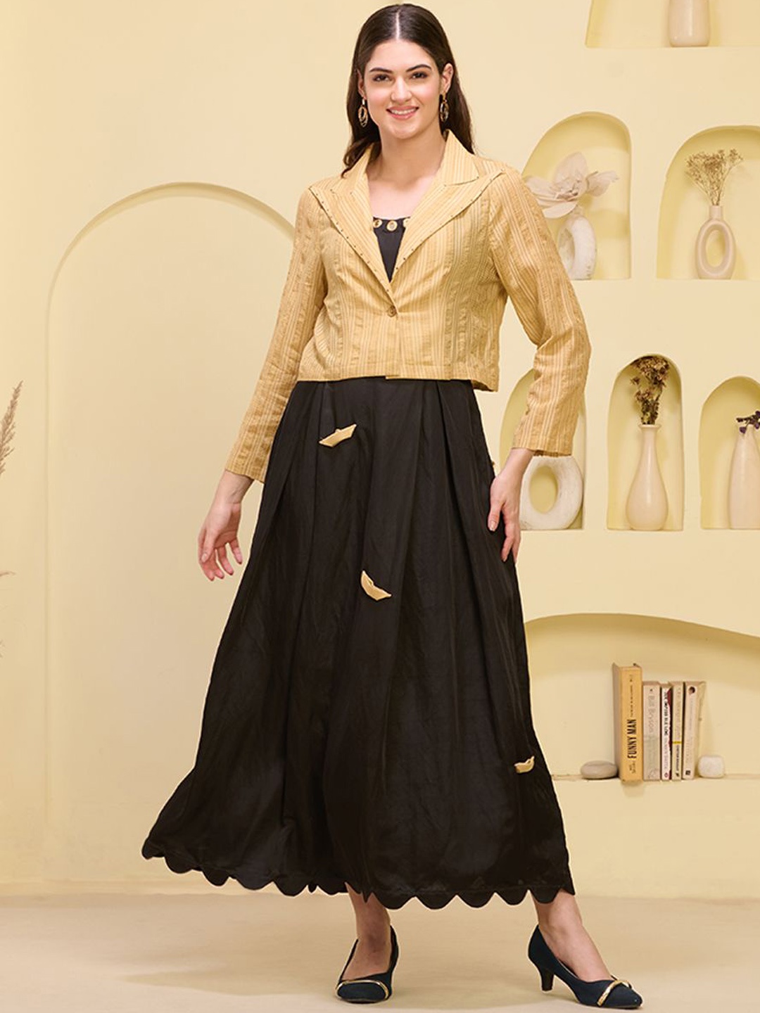 

First Resort by Ramola Bachchan Embroidered Square Neck A-Line Maxi Dress With Blazer, Black