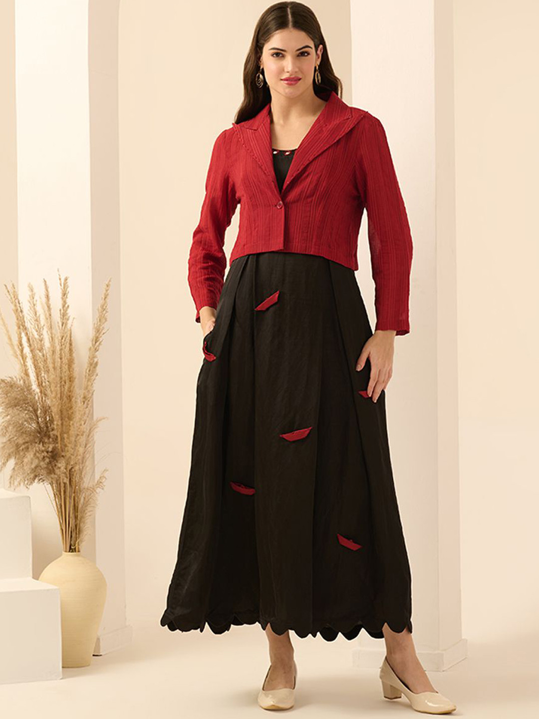 

First Resort by Ramola Bachchan Embroidered Square Neck A-Line Maxi Dress With Blazer, Black