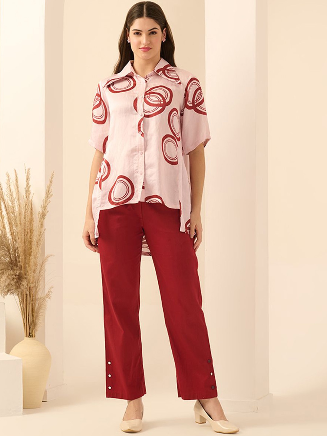 

First Resort by Ramola Bachchan Printed Shirt Collar Linen Shirt & Trouser, Pink