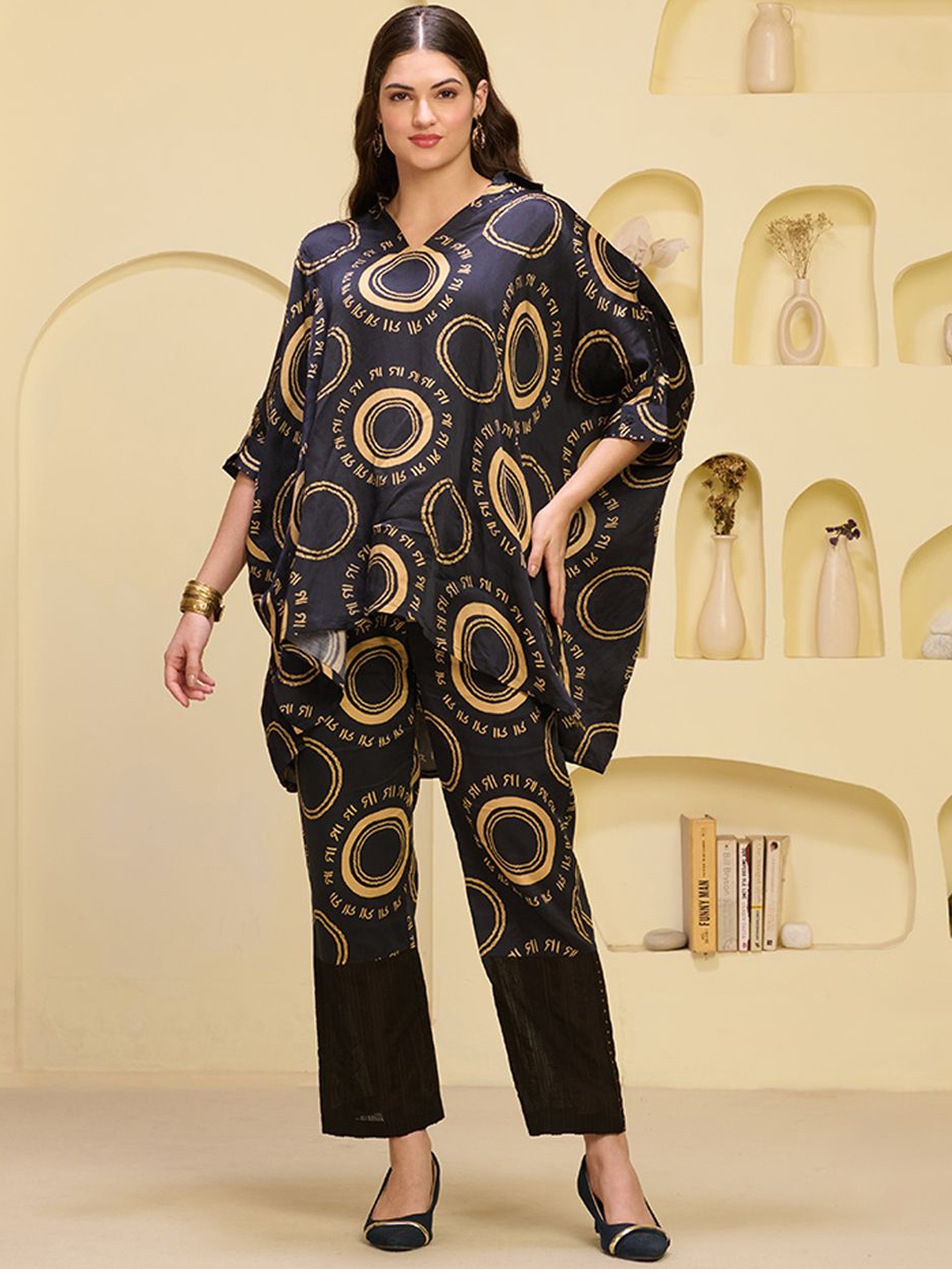 

First Resort by Ramola Bachchan Printed Linen Kaftan Tunic & Trousers, Black