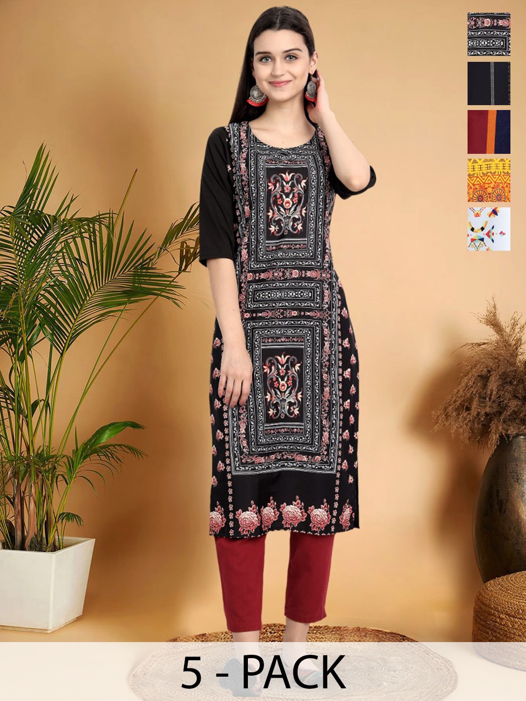 

7Threads Selection of 5 Floral Printed Round Neck Straight Kurtas, Black