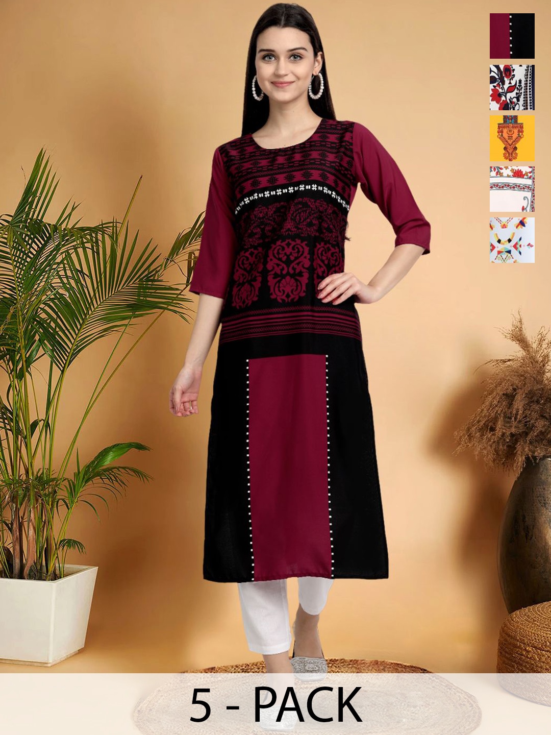 7Threads Selection Of 5 Ethnic Motifs Printed Straight Kurtas, Maroon