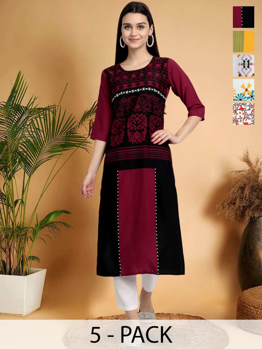 7Threads Selection Of 5 Ethnic Motifs Printed Round Neck Straight Kurtas, Red