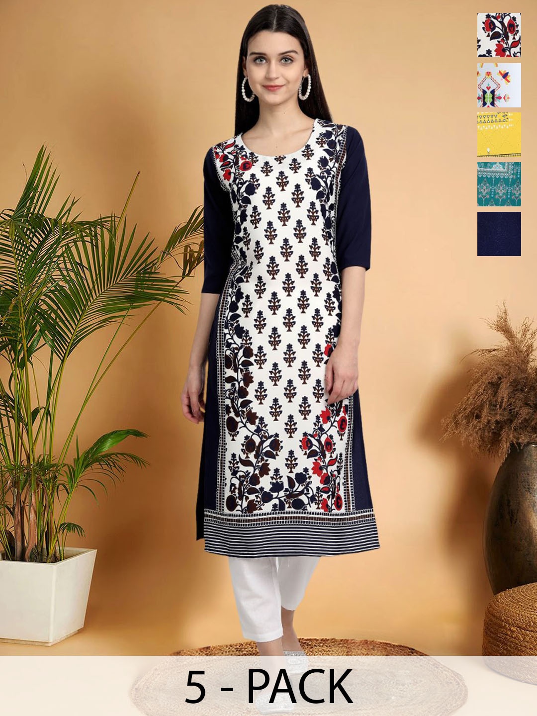 

7Threads Selection Of 5 Floral Printed Straight Kurtas, White
