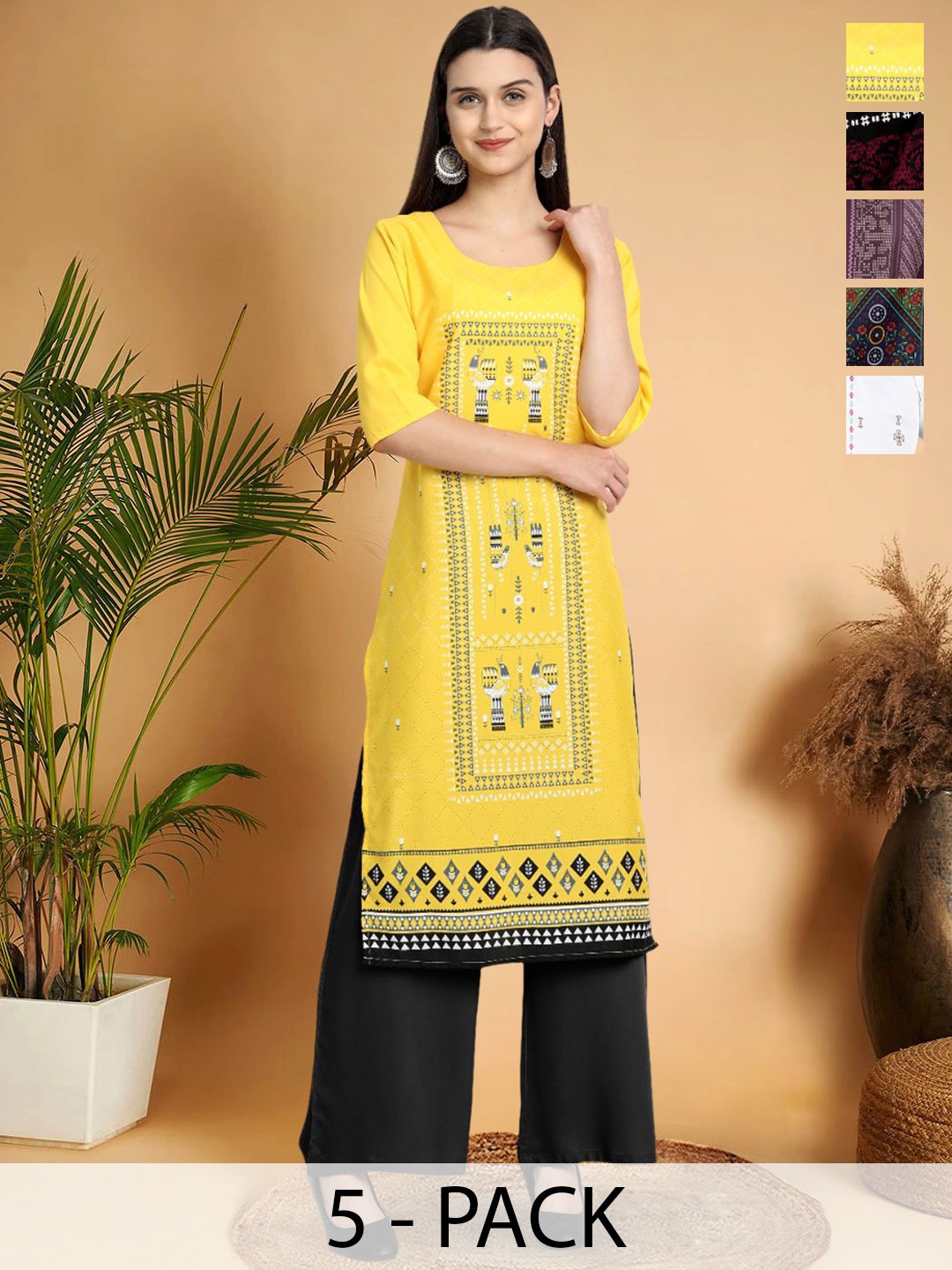 

7Threads Selection Of 5 Ethnic Motifs Printed Round Neck Straight Kurtas, Multi